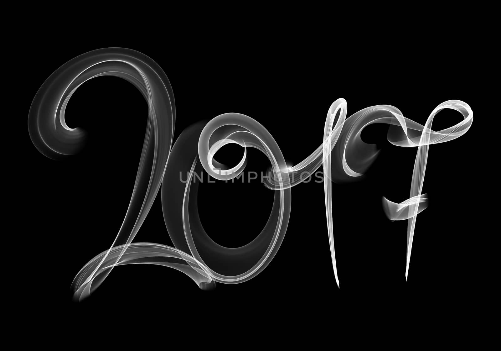 2017 isolated numbers written with white smoke or flame light on black background by skrotov