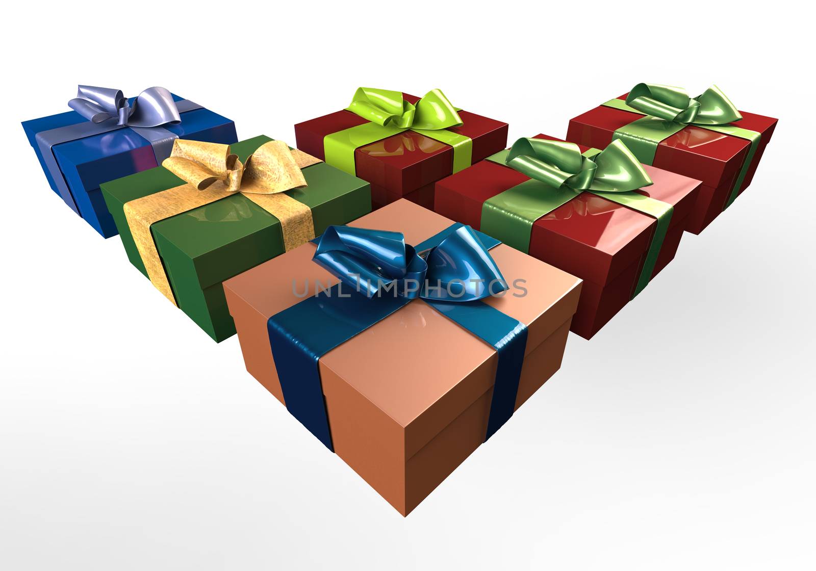 Colorful and striped boxes with gifts tied bows on white background. 3d illustration by skrotov