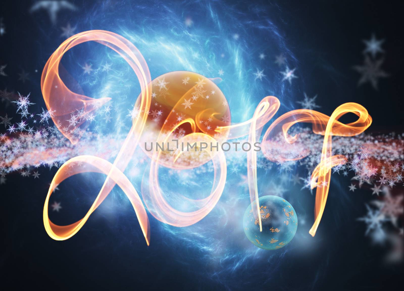 Happy new year 2017 numbers lettering written with fire flame or smoke on bright space background with planet by skrotov