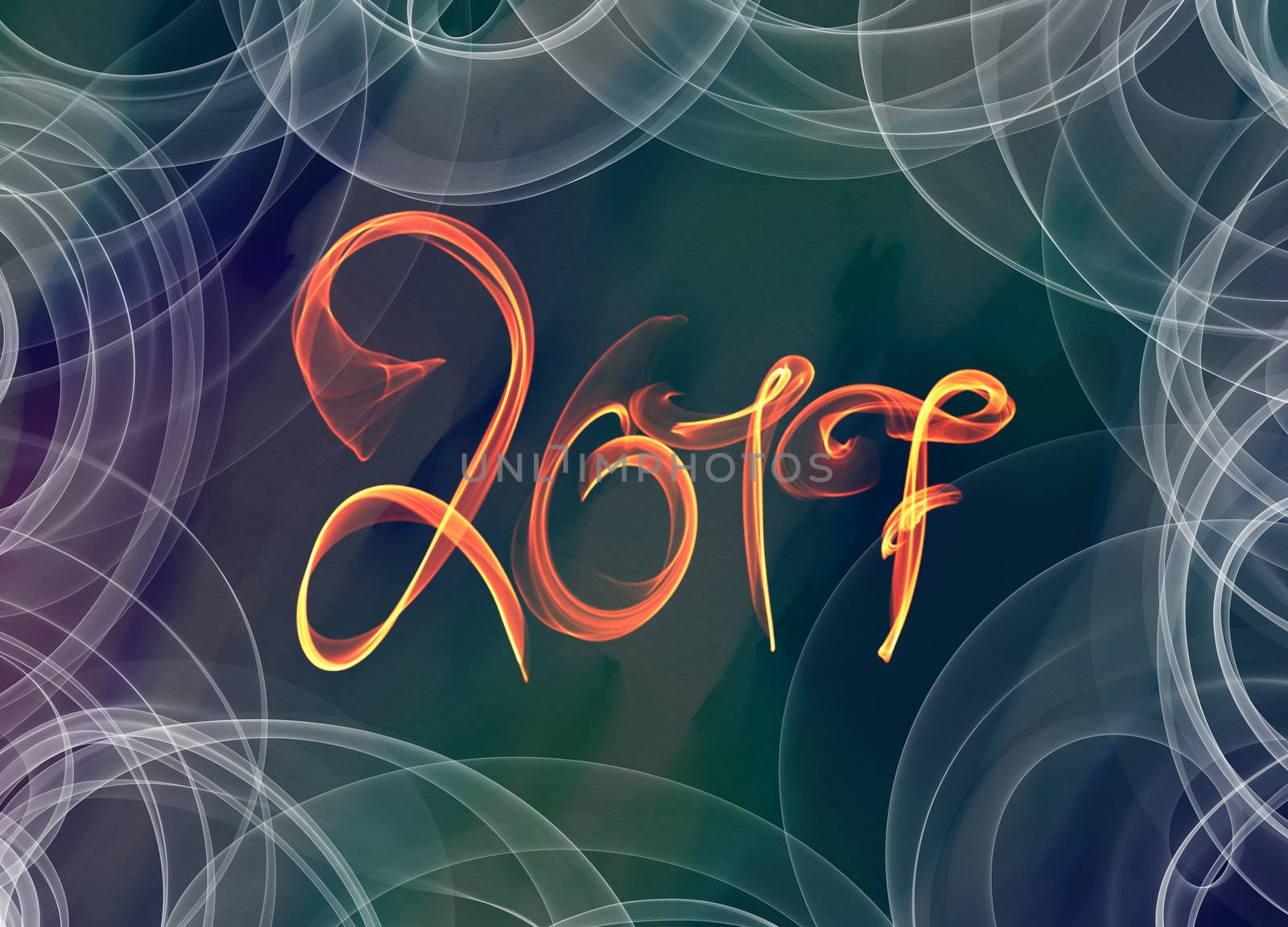 Happy new year 2017 isolated numbers lettering written with fire flame or smoke on colorful background.