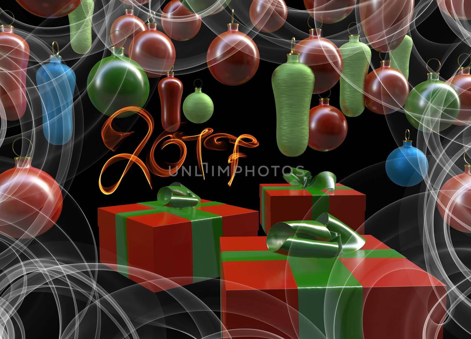 Christmas New Year colorful red and green gift boxes with bows of ribbons on background of colorful balls decorations . Greeting card with holiday tinsel. 3d illustration.