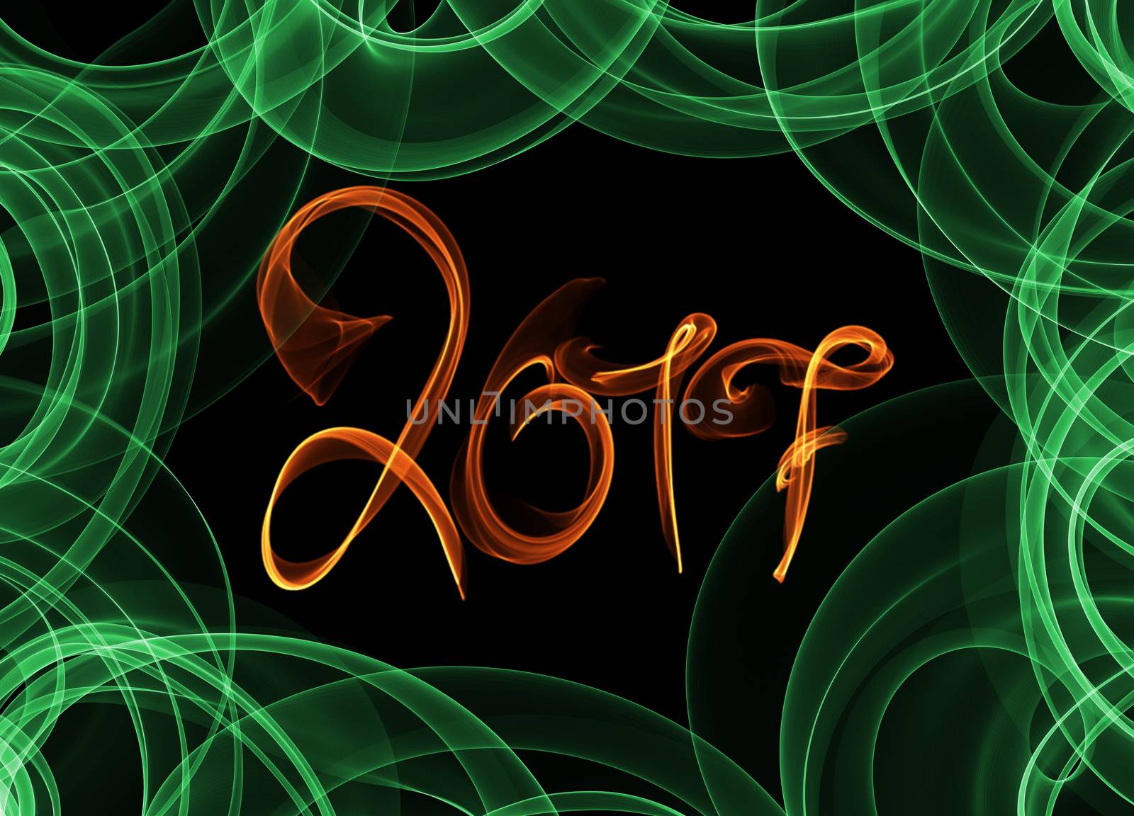 Happy new year 2017 isolated numbers lettering written with fire flame or smoke on black background and green frame.