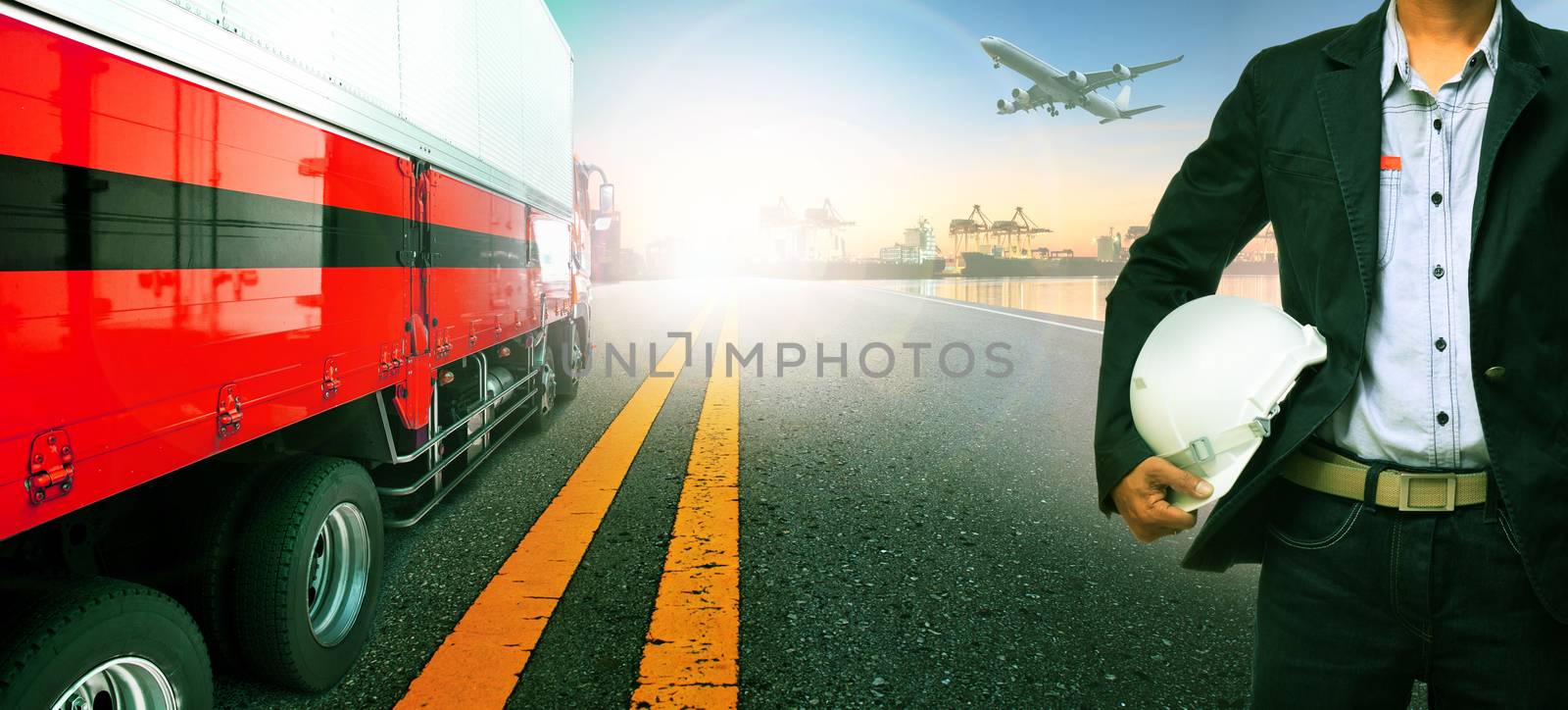 working man ,truck transport in import ,export ship port harbor and freight cargo plane flying above