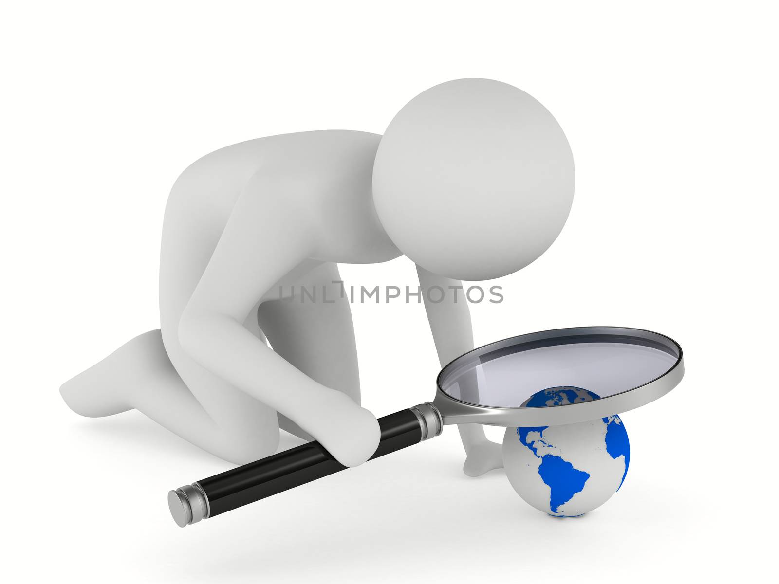 Man with magnifier on white background. Isolated 3D image by ISerg