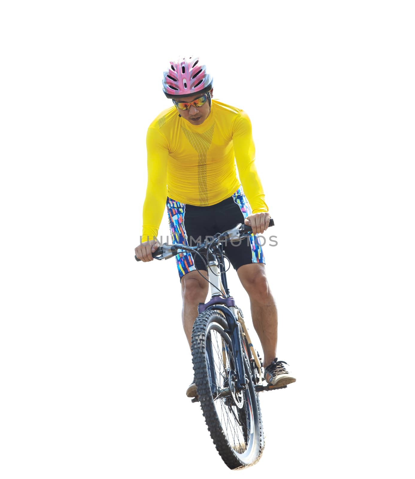 young man riding mountain bike isolated white background use for by khunaspix