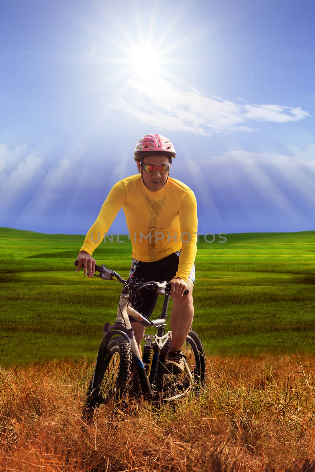 young man wearing yellow bicycle shirt  riding mountain bike mtb in grass field against sun shining on blue sky use for out door and extreme sport leisure 