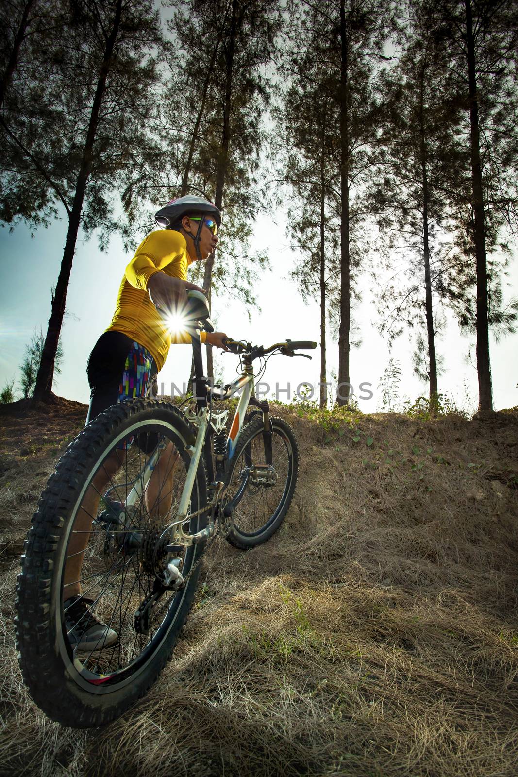 young man and mountain bike on jungle track use for sport activi by khunaspix