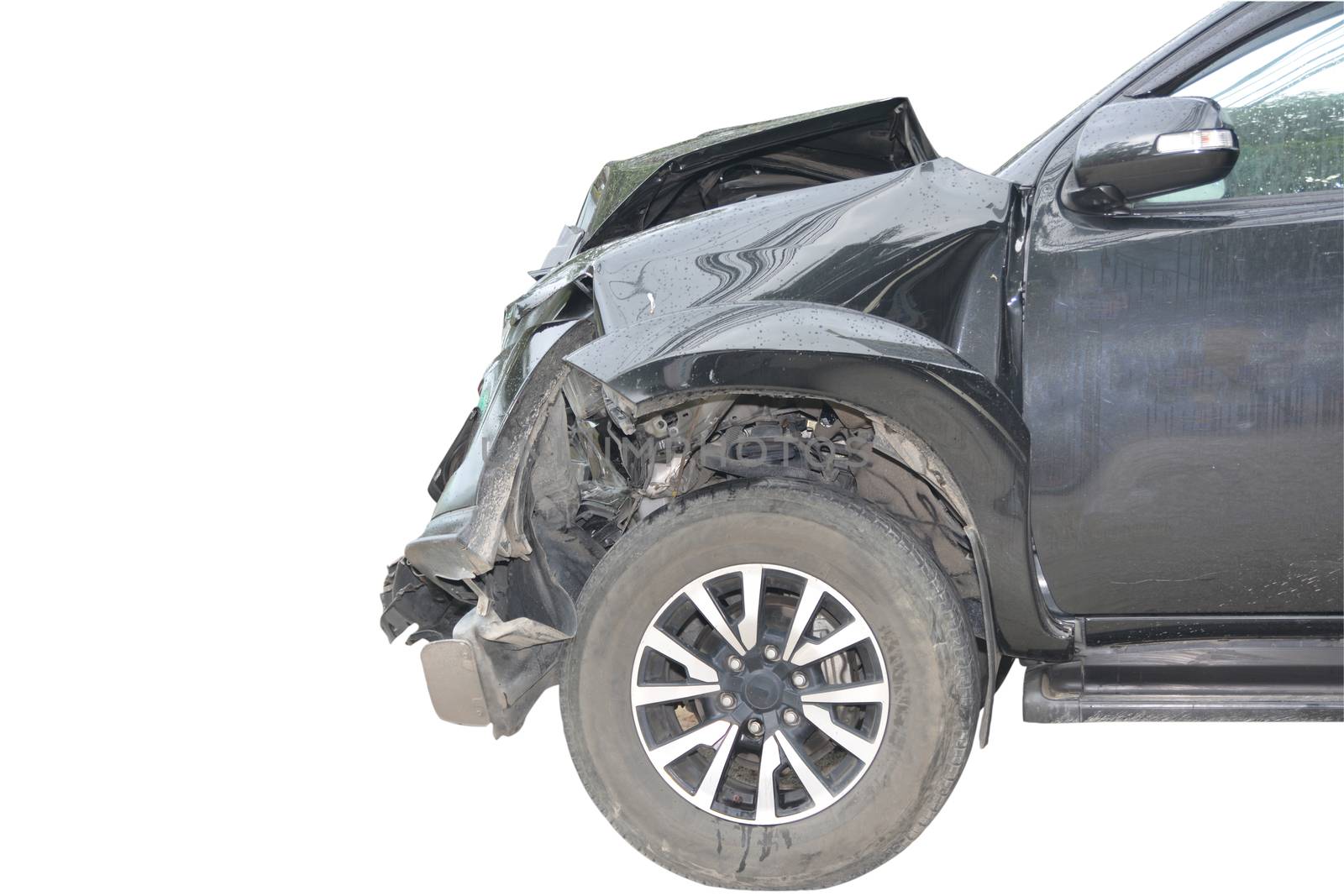 Black car accident front side isolated on white with clipping path