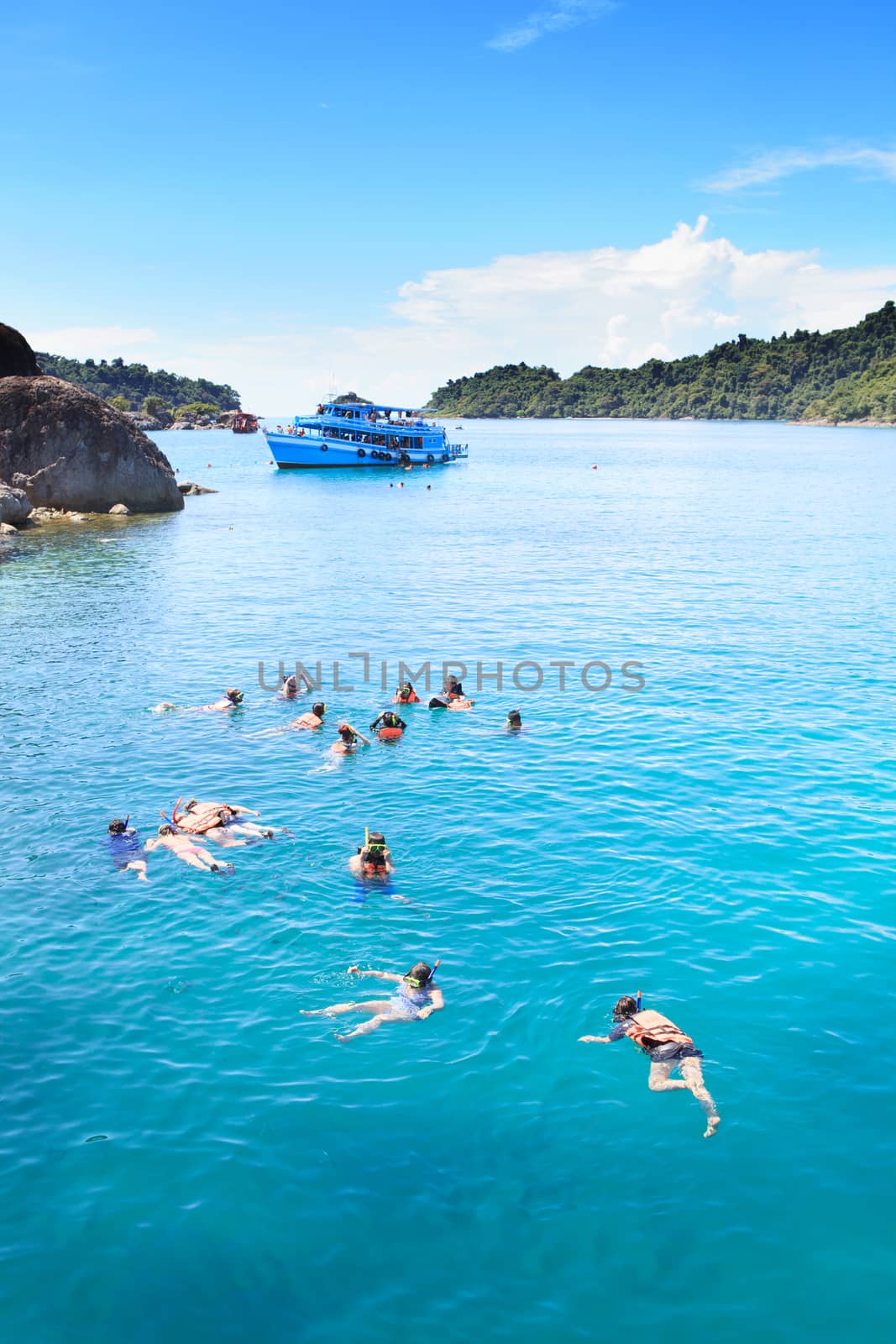 tourist snorkeling on blue clear water at koh chang island trat province eastern of thailand important sea destination in tourism business