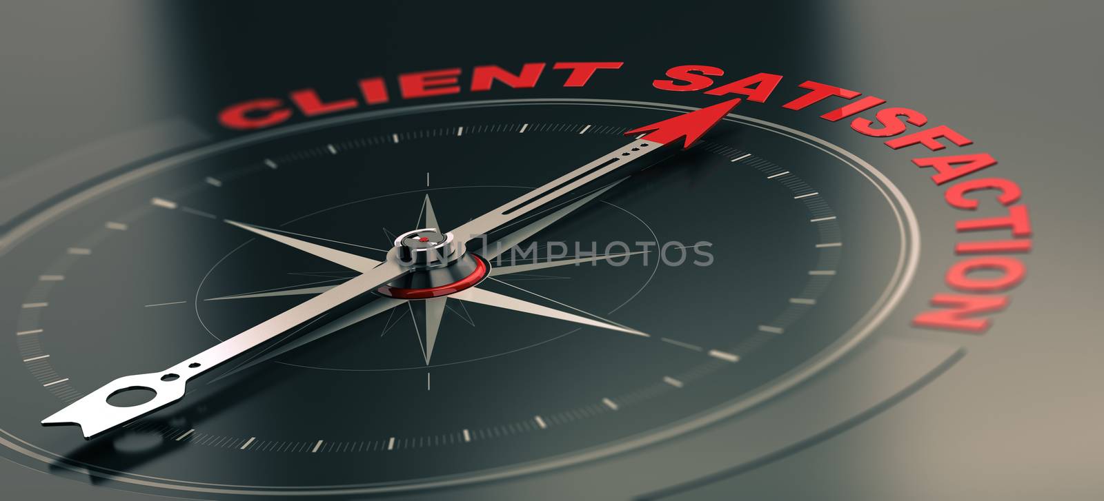 3D illustration of a conceptual compass with needle pointing the text client satisfaction, Business or Marketing concept. Horizontal image, red and black tones.