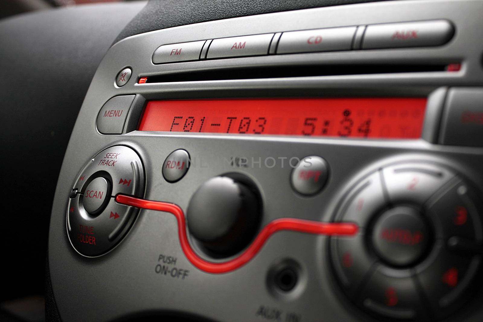 Control panel of car audio player close-up