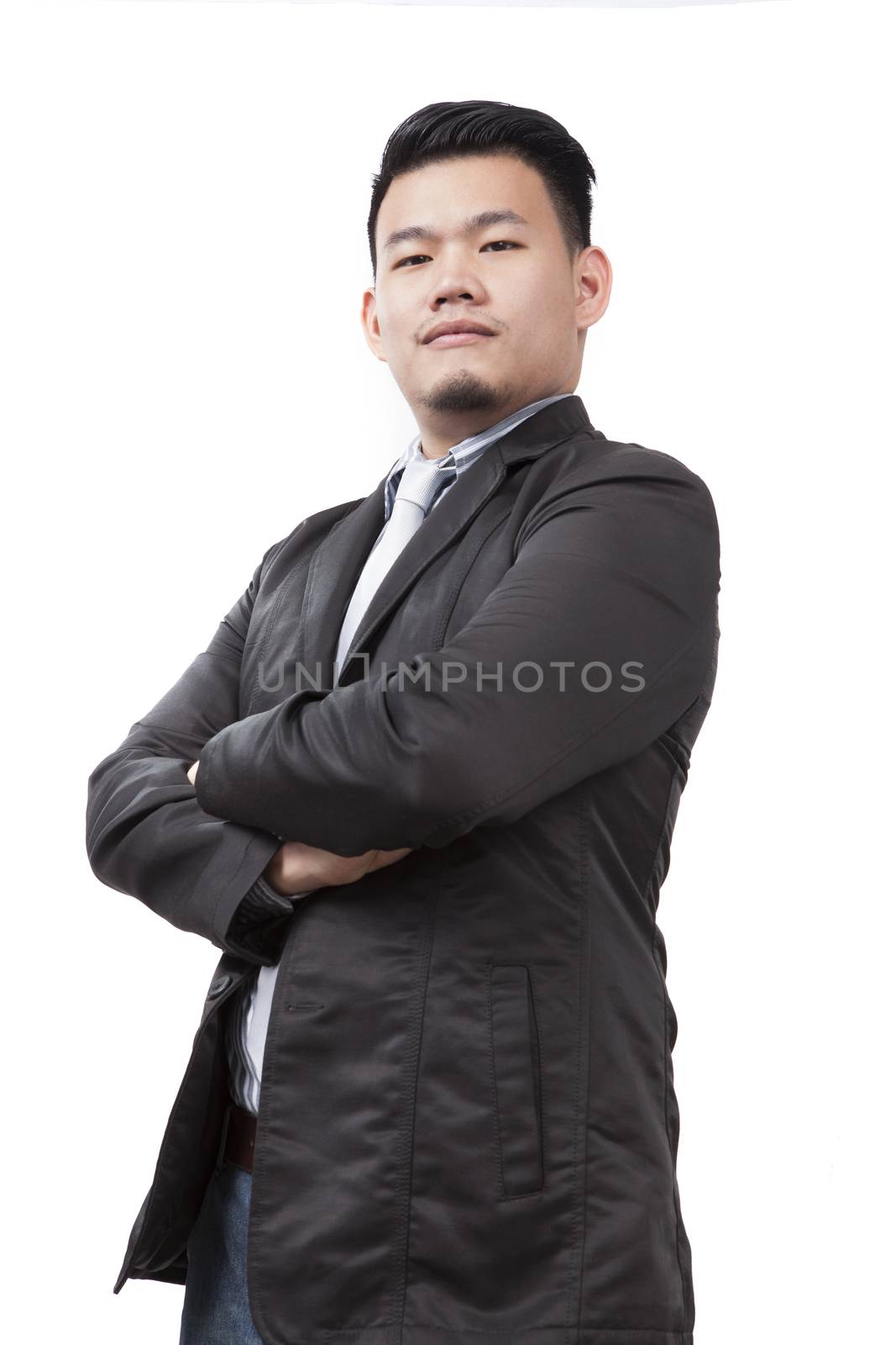 face of young asian man wearing western suit standing and lookin by khunaspix