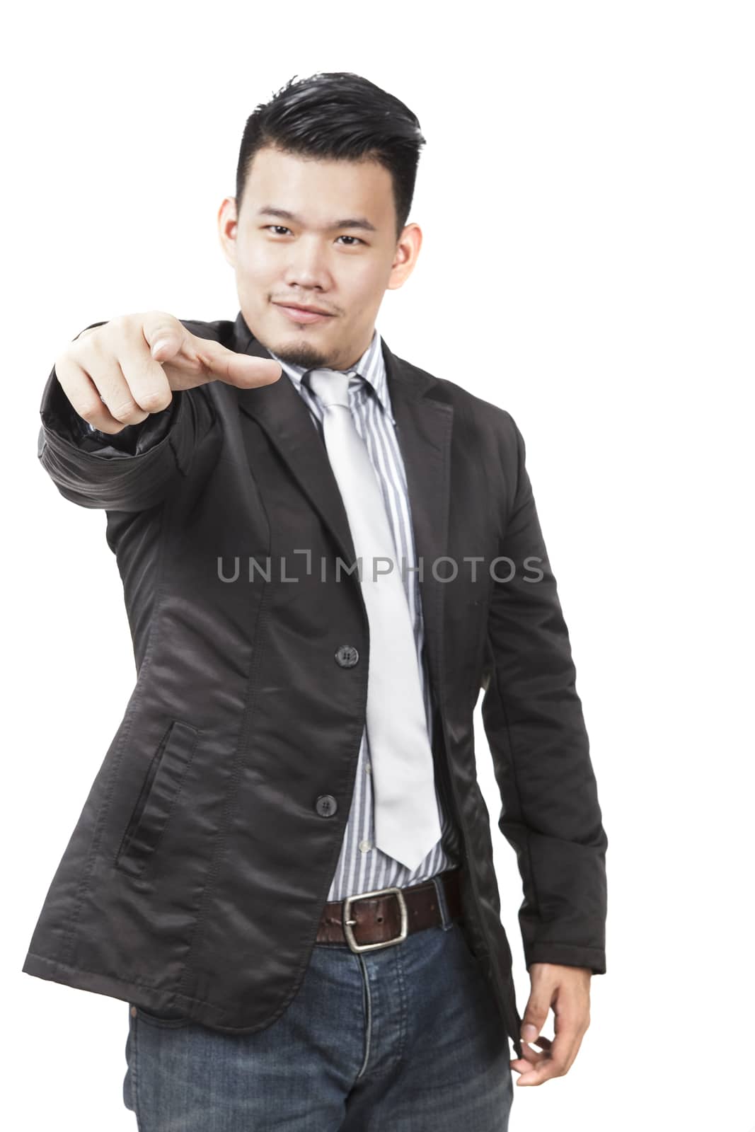 face of asian man pointing hand to watching to isolated on white by khunaspix