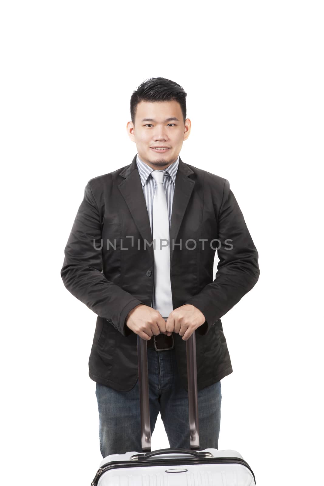 face of young asian man with a luggage for container belonging standing and isolated white background use for people traveling and male journey activities