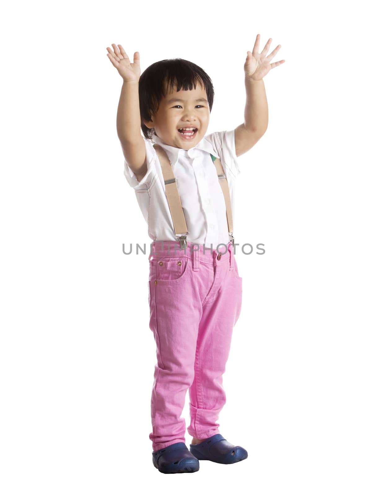 portrait of asian chicldren standing with lovely face isolated white background