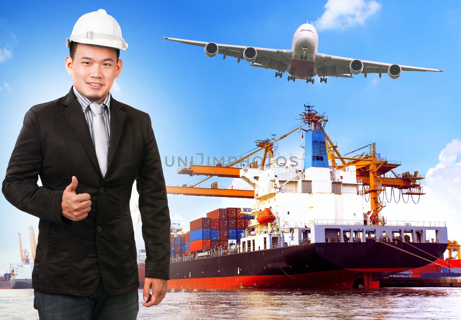 business man and comercial ship with container on port freight cargo plane flying above use for import ,export and shipping logistic industry service 