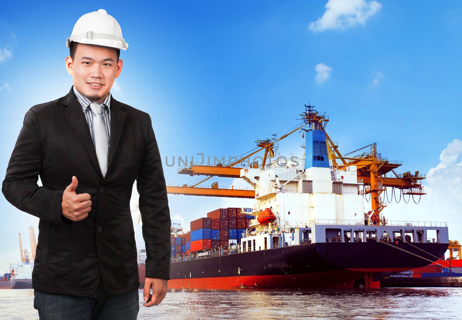 business man and comercial ship with container on port use for i by khunaspix