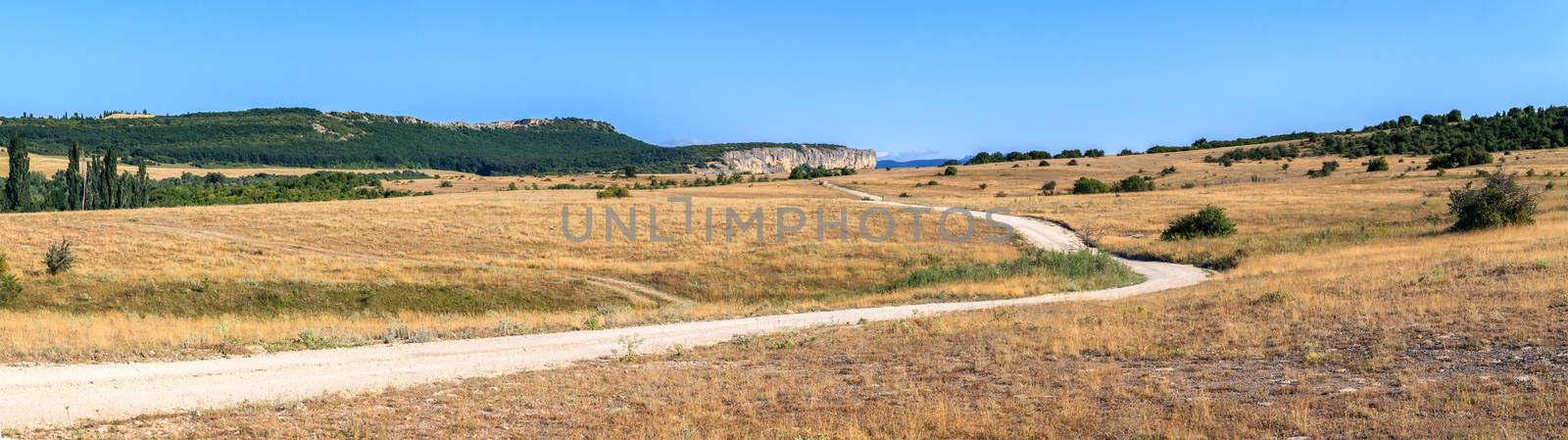 steppe road stretches into the distance to the rocks on the background of blue sky