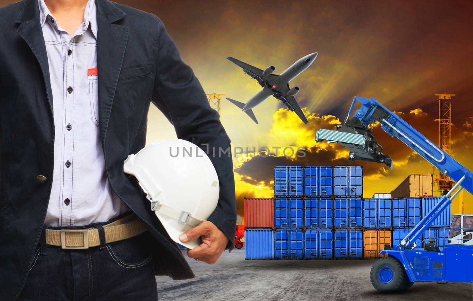 working man and container dock in land ,air cargo logistic freig by khunaspix