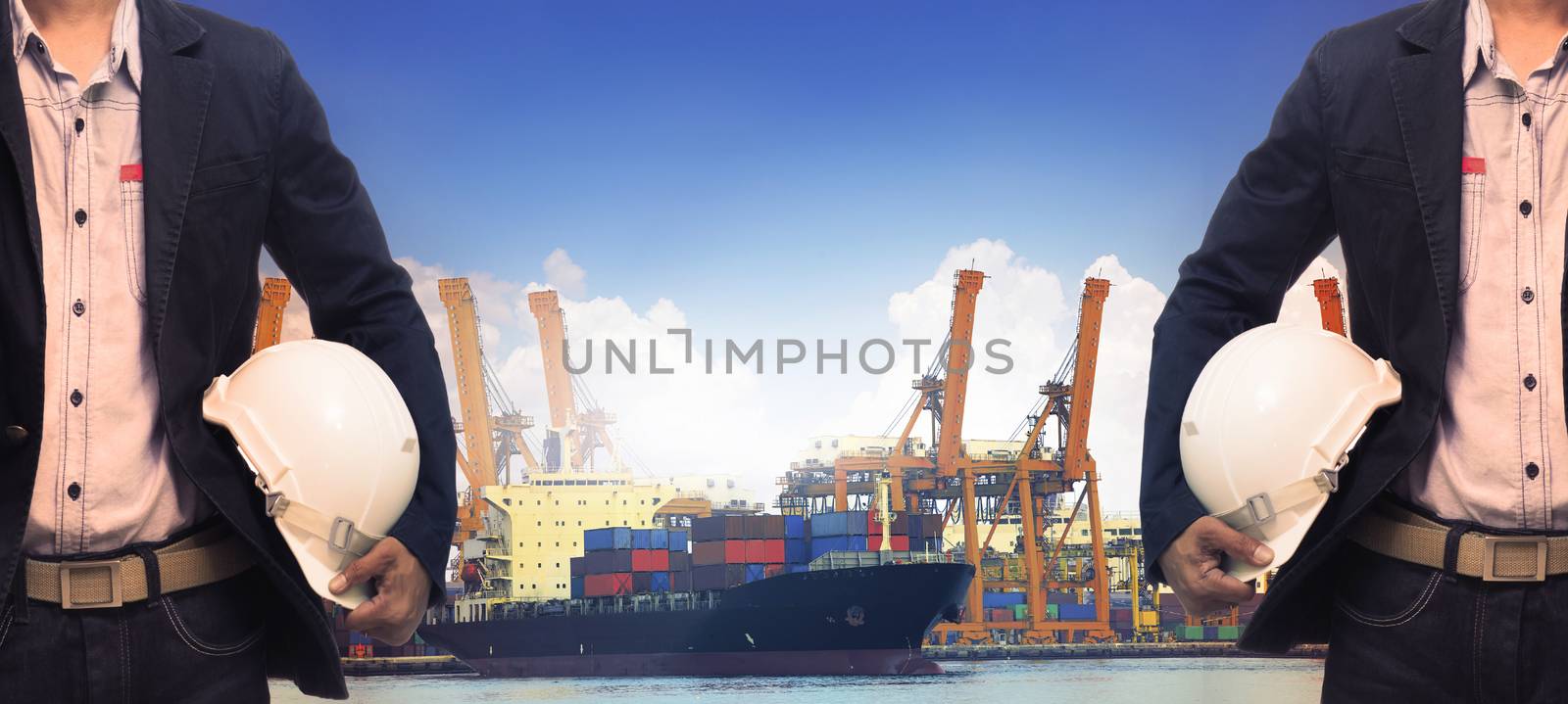 working man in port authority use for shipping ,logistic,vessel,nautical and marine transport,container yard and import,export ,loading industry