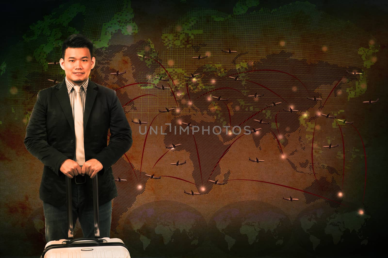 business man and luggage rising hand and looking forward against flying plane on world map board