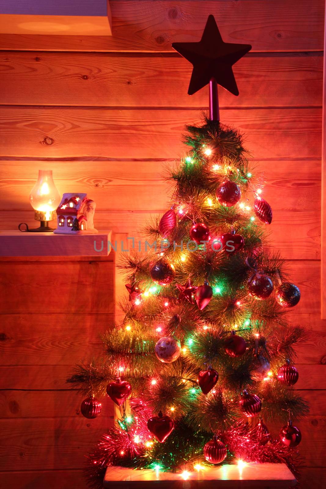 Christmas, New Year's fir tree decorated with toys and lights