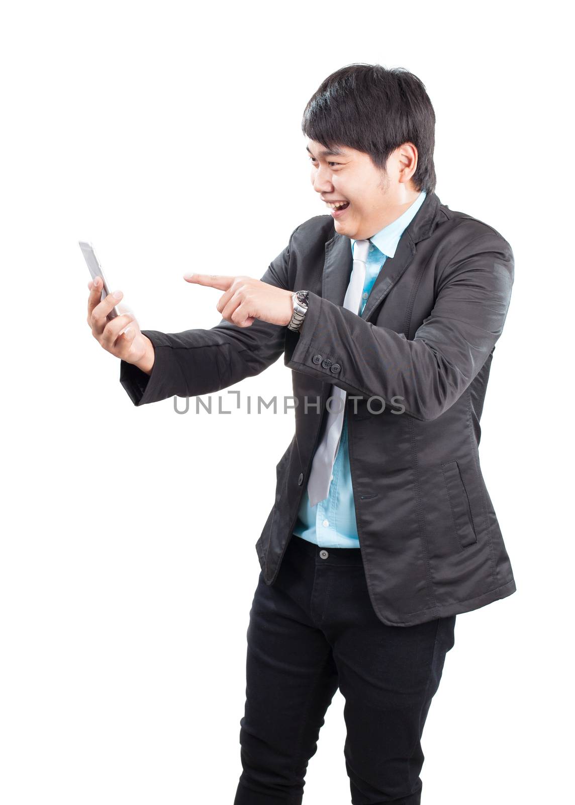 portrait of young asian business man pointing hand to smart phon by khunaspix