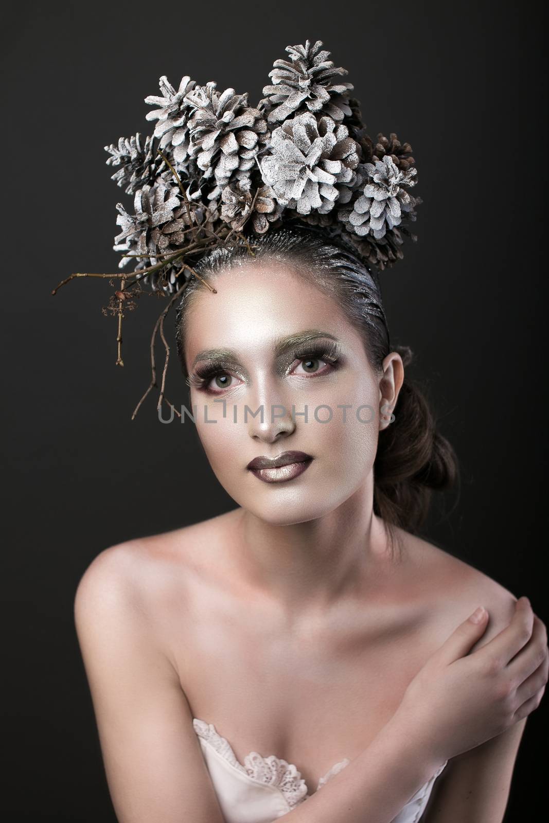 Beautiful Sexy Slim Elegant Girl with Bright Makeup in the New Year  Wreath of Christmas Tree and Pine Cones