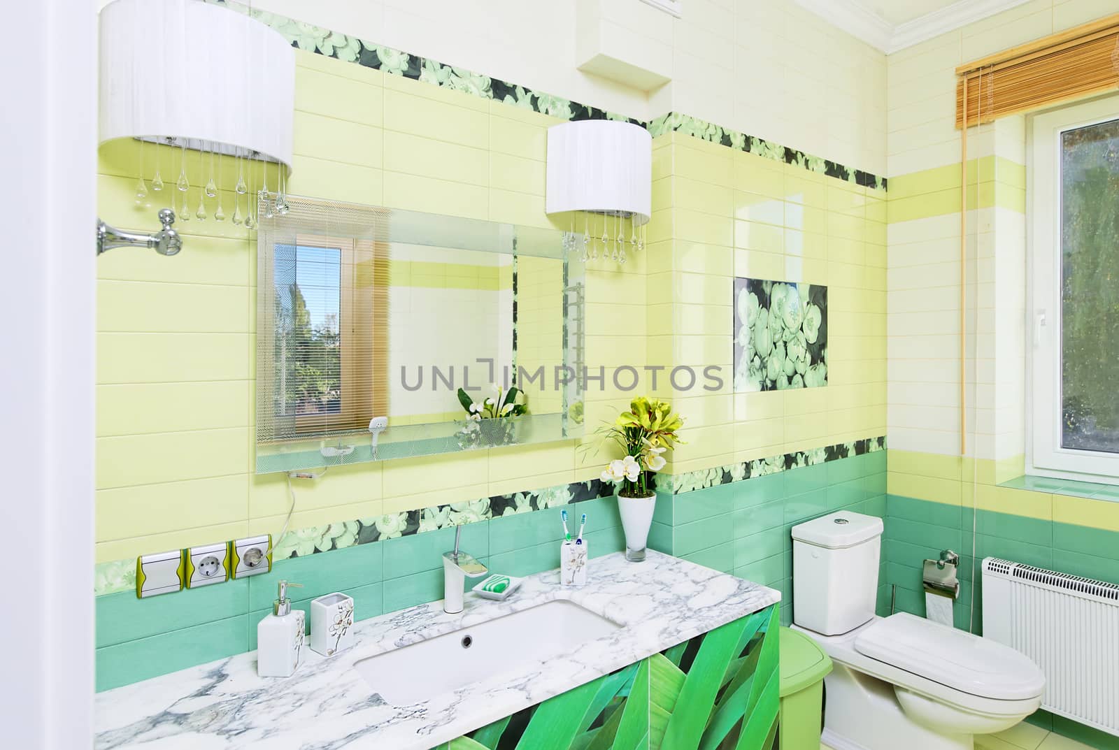 Bathroom design with beautiful grass print on bath cabinet by RawGroup
