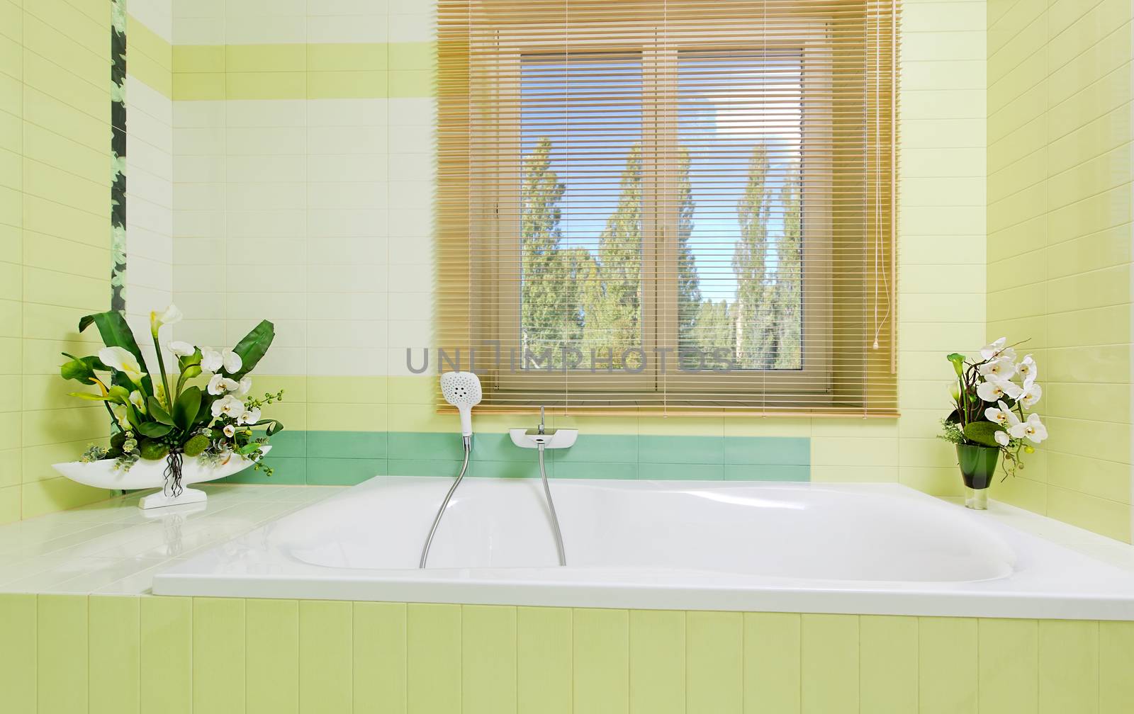 Beautiful white faucet on bathtube near window with flowers decor