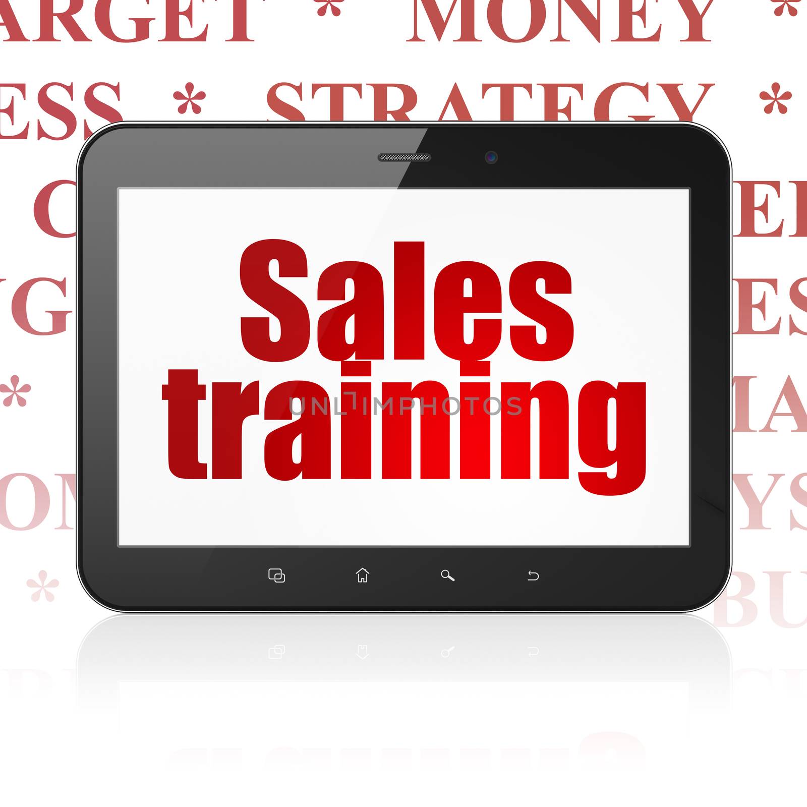 Advertising concept: Tablet Computer with  red text Sales Training on display,  Tag Cloud background, 3D rendering