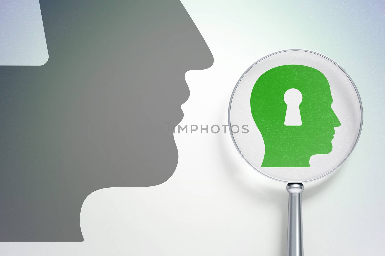 Advertising concept:  Head With Keyhole with optical glass on digital background by maxkabakov
