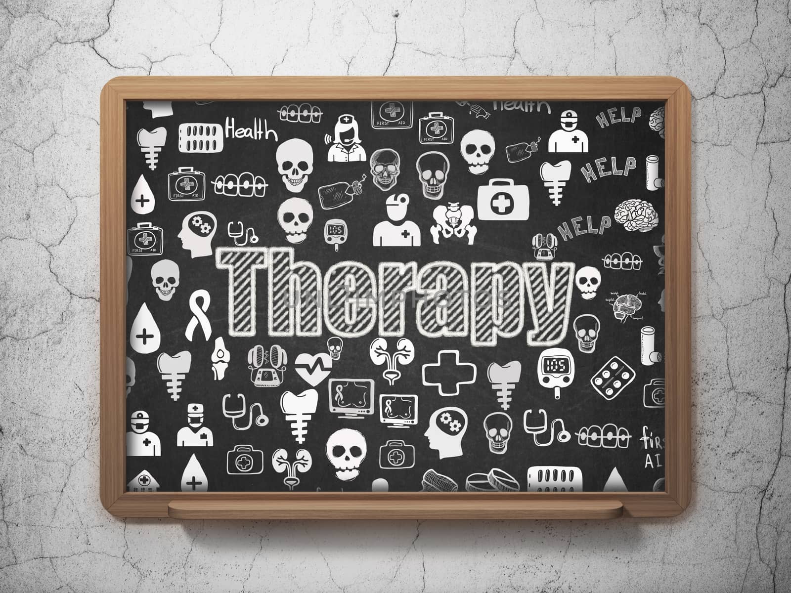 Medicine concept: Chalk White text Therapy on School board background with  Hand Drawn Medicine Icons, 3D Rendering