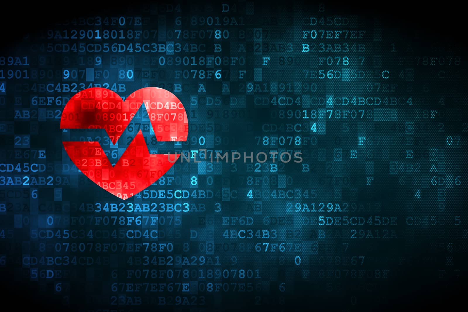 Health concept: pixelated Heart icon on digital background, empty copyspace for card, text, advertising