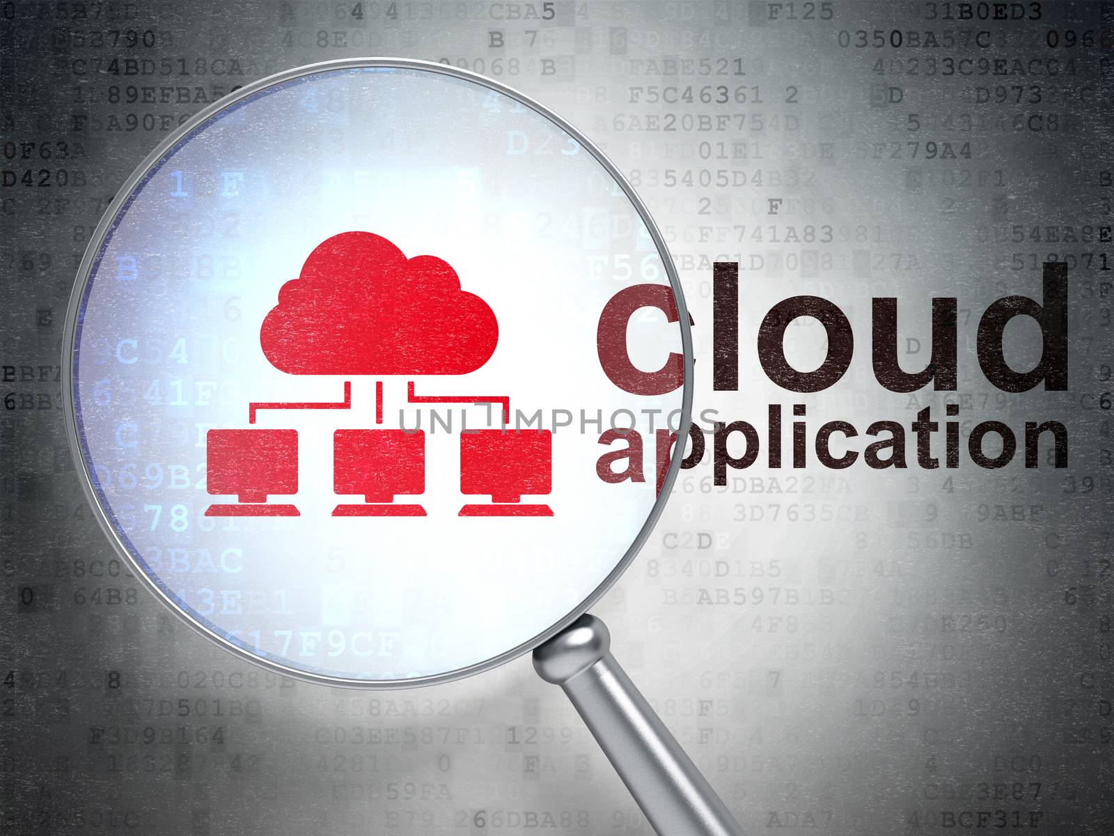 Cloud networking concept: magnifying optical glass with Cloud Network icon and Cloud Application word on digital background, 3D rendering