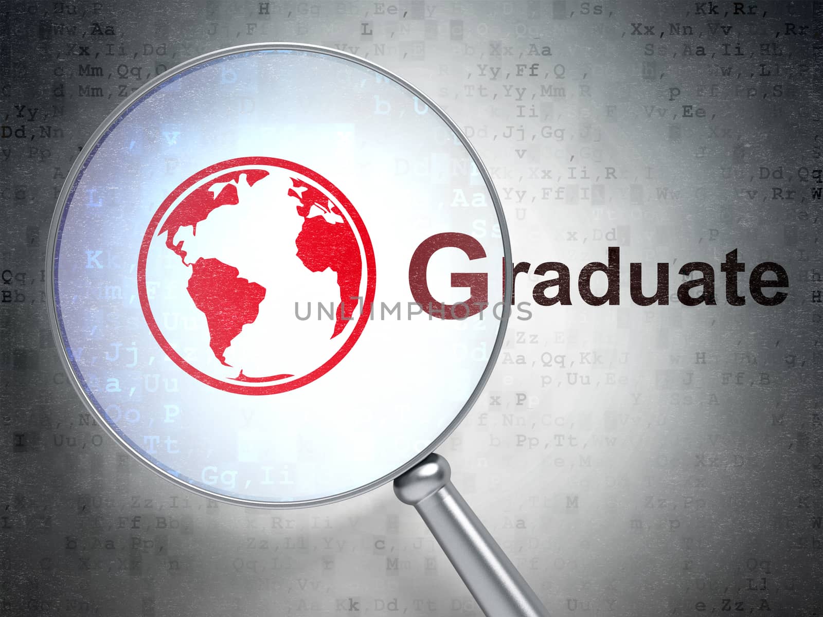 Studying concept: magnifying optical glass with Globe icon and Graduate word on digital background, 3D rendering