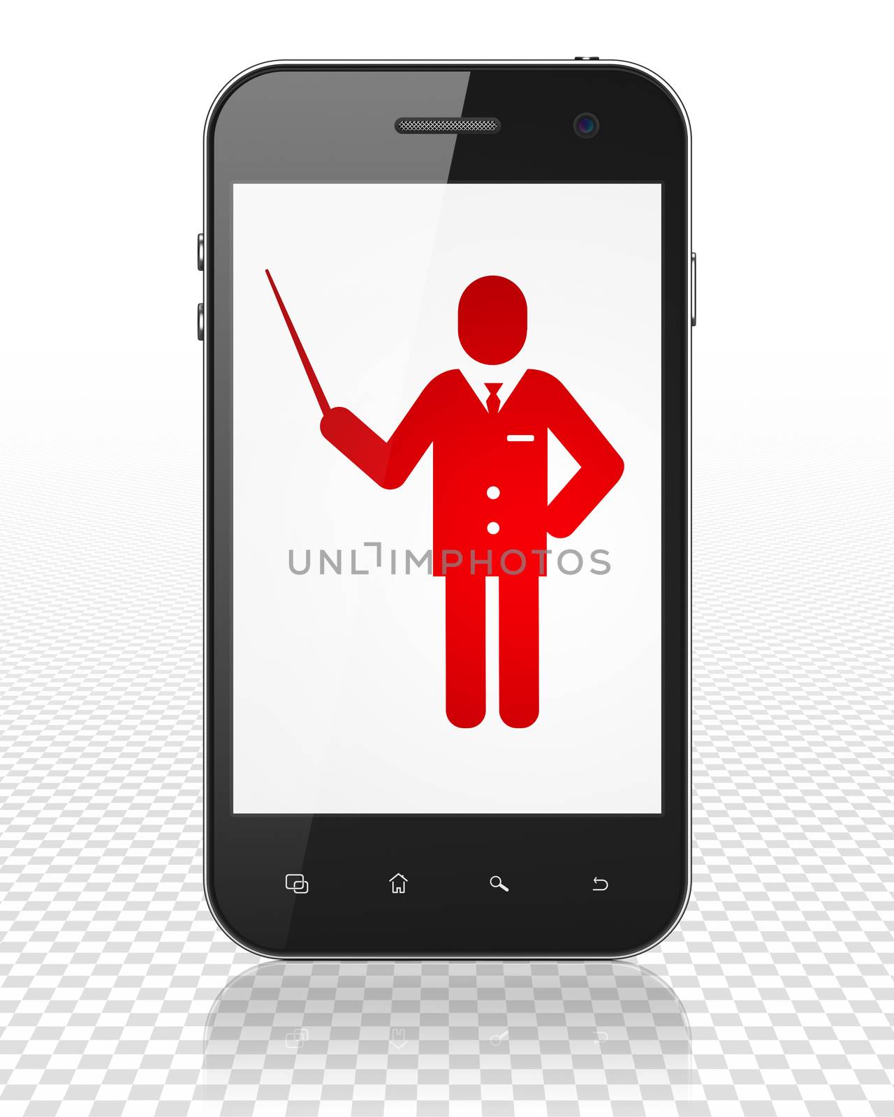 Education concept: Smartphone with red Teacher icon on display, 3D rendering