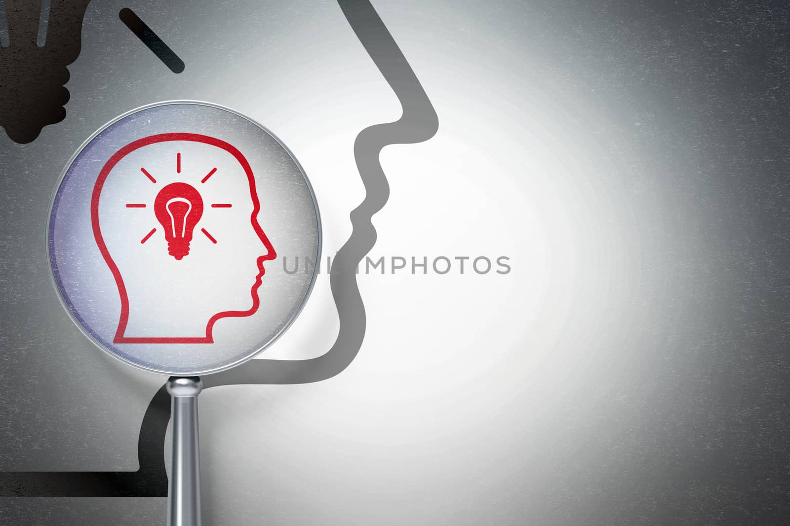 Studying concept: magnifying optical glass with Head With Lightbulb icon on digital background, empty copyspace for card, text, advertising, 3D rendering