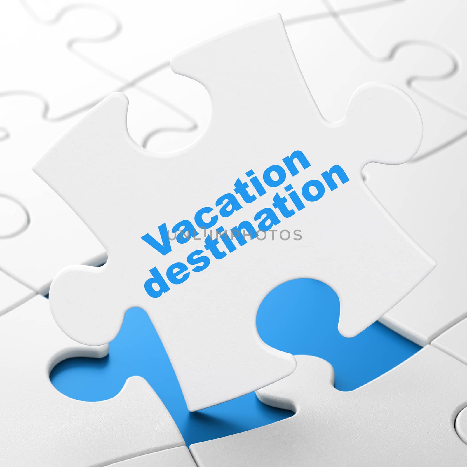 Vacation concept: Vacation Destination on White puzzle pieces background, 3D rendering