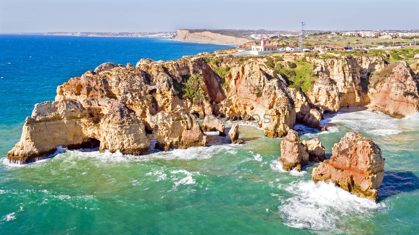 Aerial from Ponte Piedade with the Lighthouse in Lagos Portugal