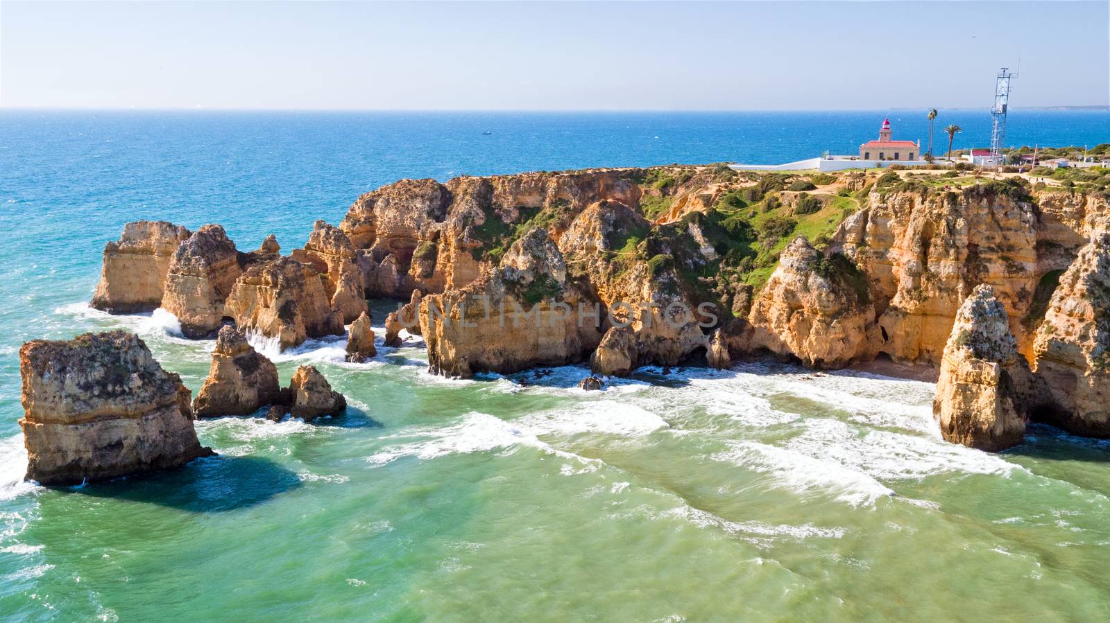 Aerial from Ponte Piedade with the Lighthouse in Lagos Portugal