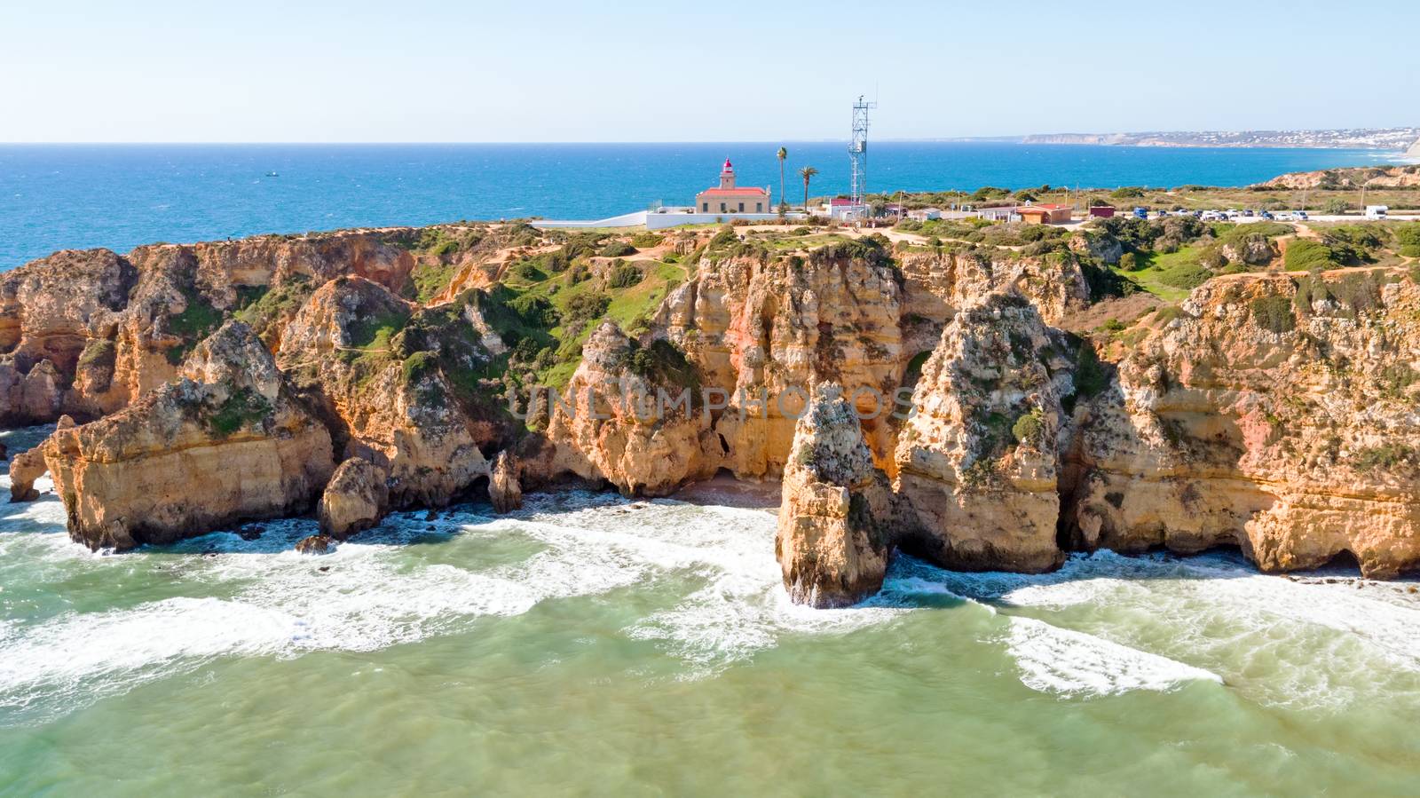 Aerial from Ponte Piedade with the Lighthouse in Lagos Portugal