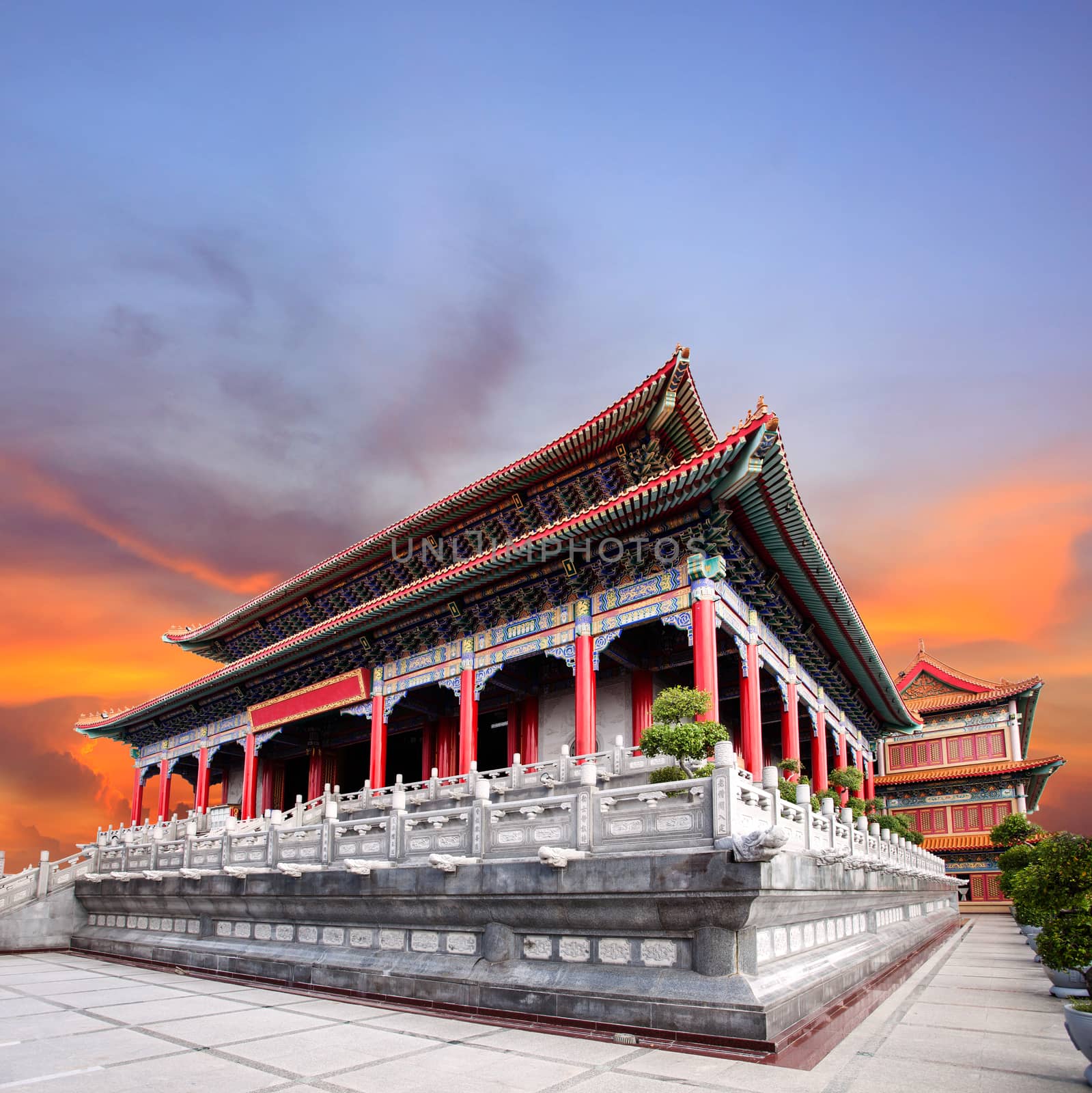 beautiful chinese temple against dusky sky use for china ,east asia architecture and religious culture of building construction