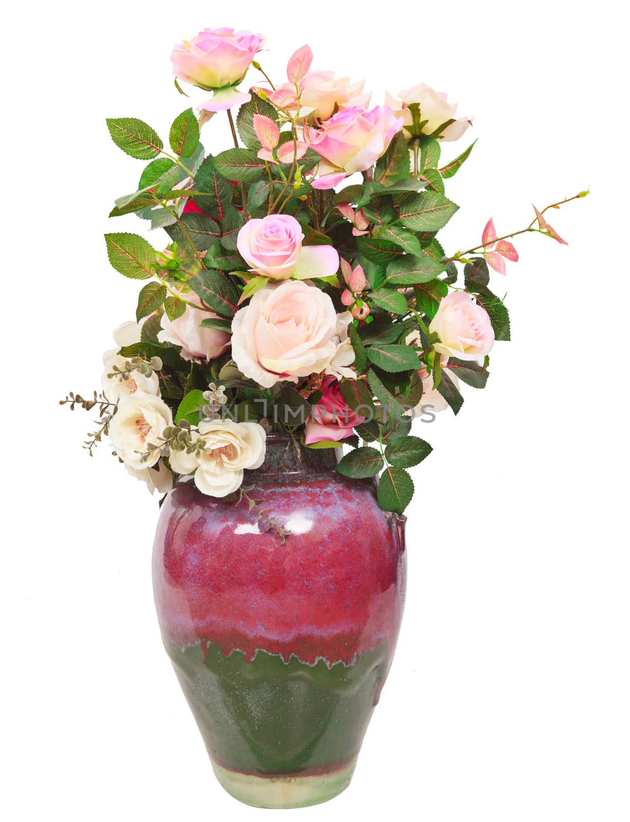 artificial roses flowers bouquet in ceramic jug isolated white background use for decorated in home interior