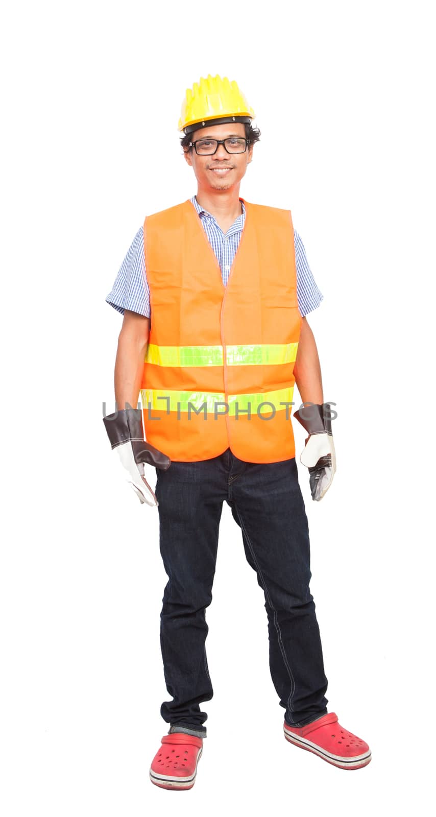 portrait of asian worker man wearing safety jacket hard hat and  by khunaspix