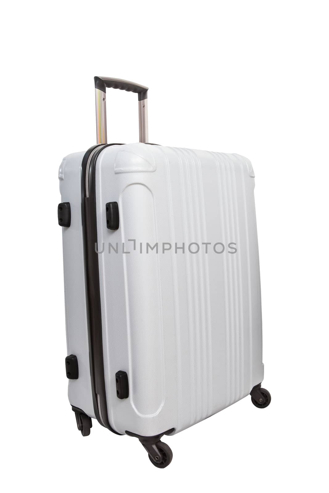 white luggage traveling suitcase isolated white background by khunaspix
