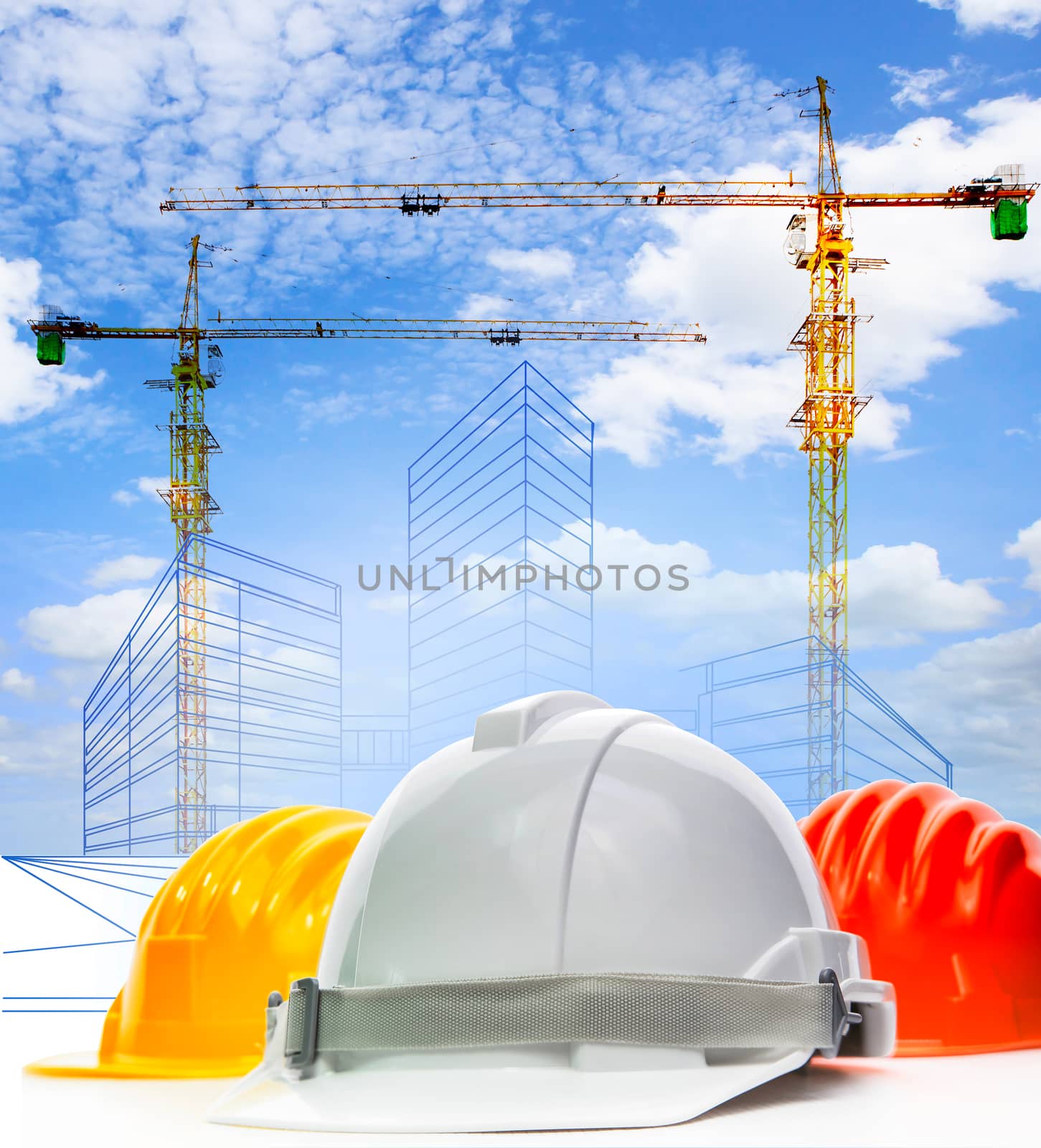 safety helmet against sketching of building construction with lifting crane use for civil engineering ,land and urban development topic