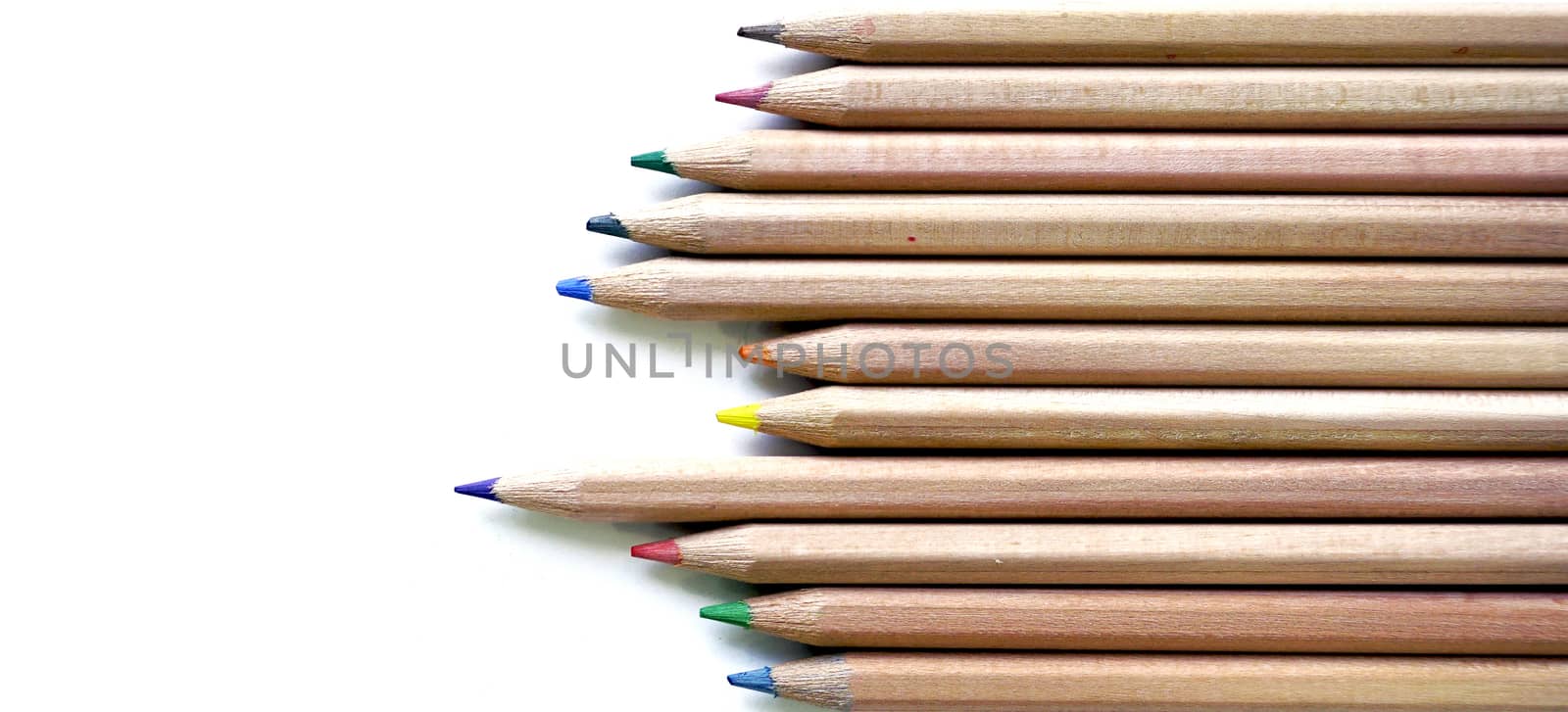 Wooden Color pencils movement top view stationery office supply business isolated