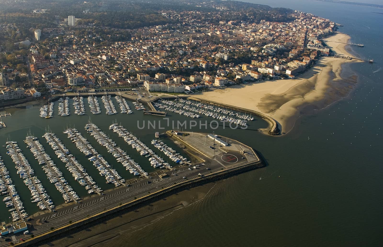 Aerial view and Boats parked in the Port of Arcachon, Aquitaine, France