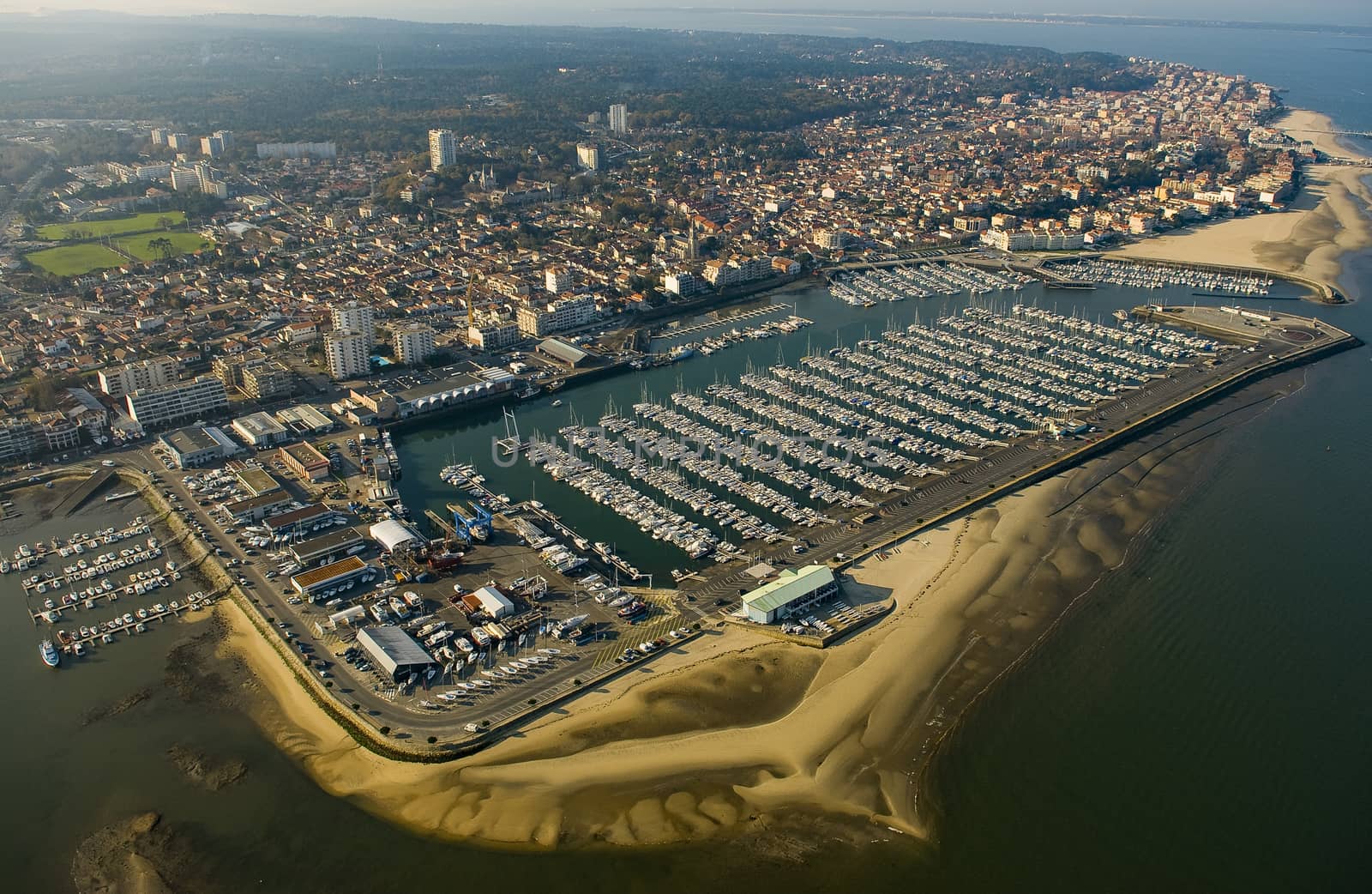 Aerial view and Boats parked in the Port of Arcachon, Aquitaine, France